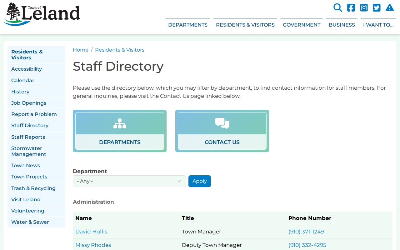 Leland people directories view of the Town staff roster