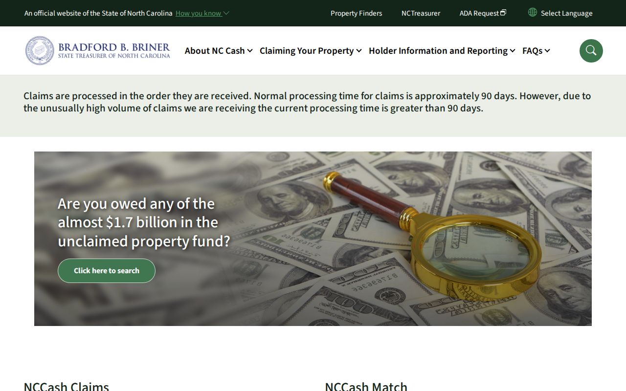 Leland public records owner name search through the official NCCash portal